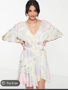 ASOS Pastel Swirl Mini Dress in Lavender, Pink & Yellow